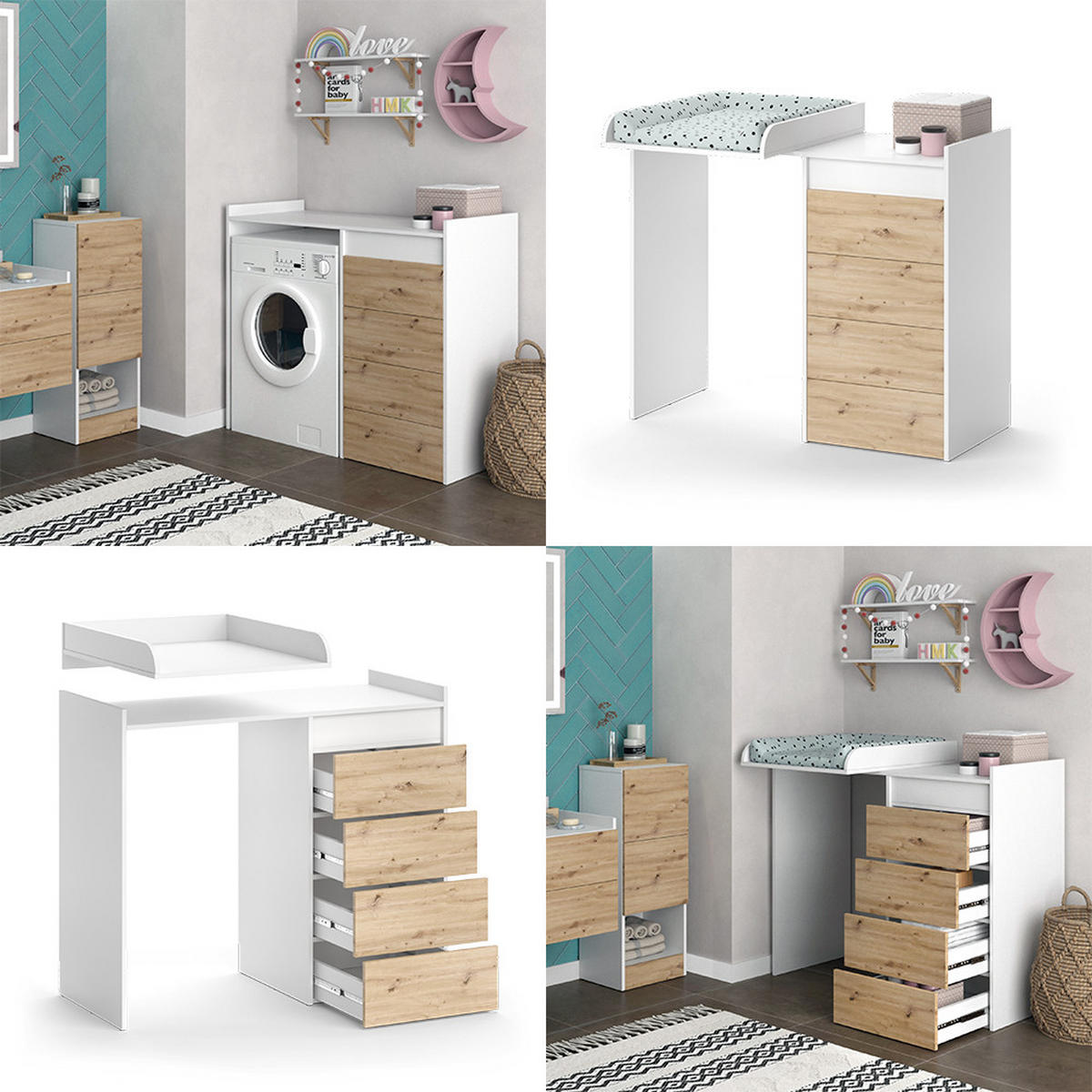 WASCHMASCHINENSCHRANK Alf Weiß 116 x 98 cm mit 4 Schubladen - Eichefarben/Weiß, Holzwerkstoff (116/98/50cm) - Vicco