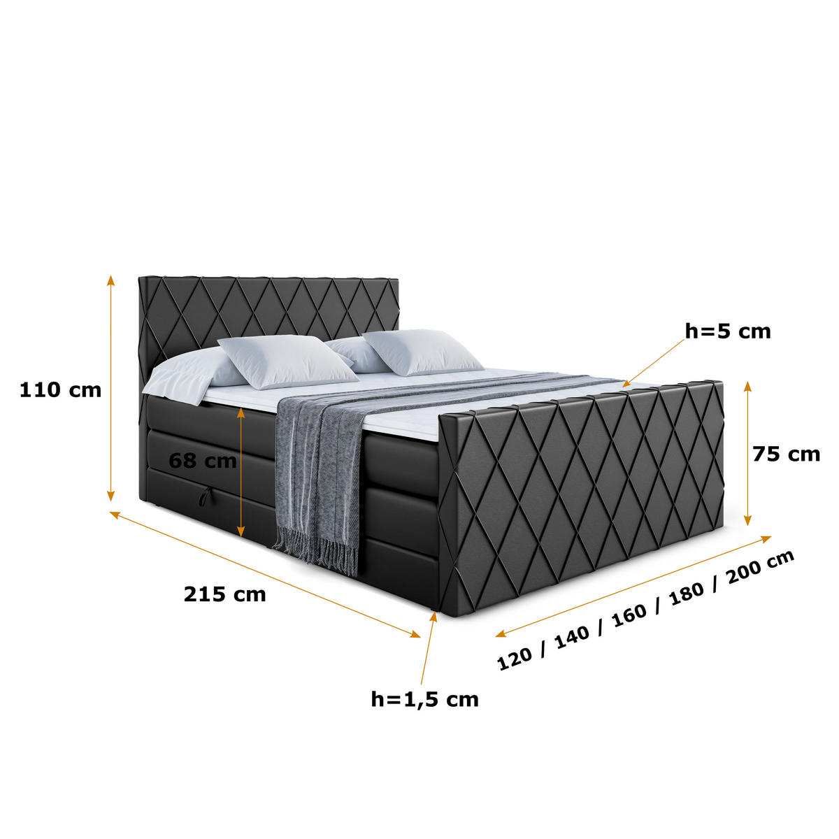 BOXSPRINGBETT LEPARO-Z KING - 180 x 200 - H3/H4 - Schwarz Hochglanz - Schwarz Hochglanz, Holzwerkstoff (180/200cm) - ALTDECOR