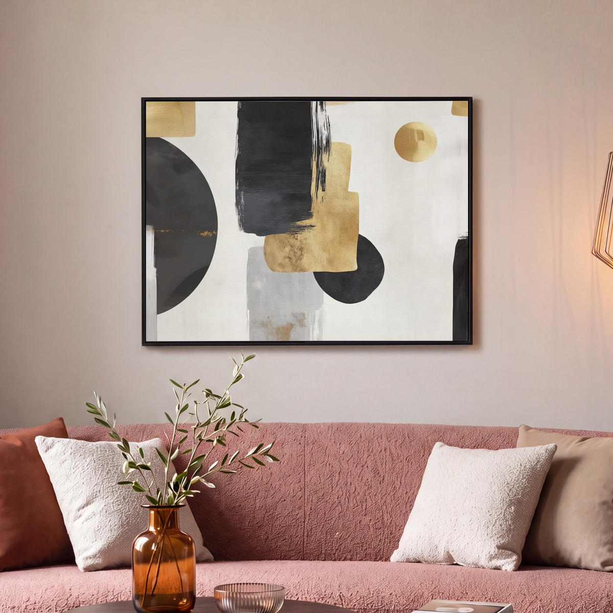 LEINWAND Bilder mit Rahmen - Gold - Rechtecke - Kreise - Abstrakt - 70x50 - Weiß, Textil (70/50cm) - MuchoWow