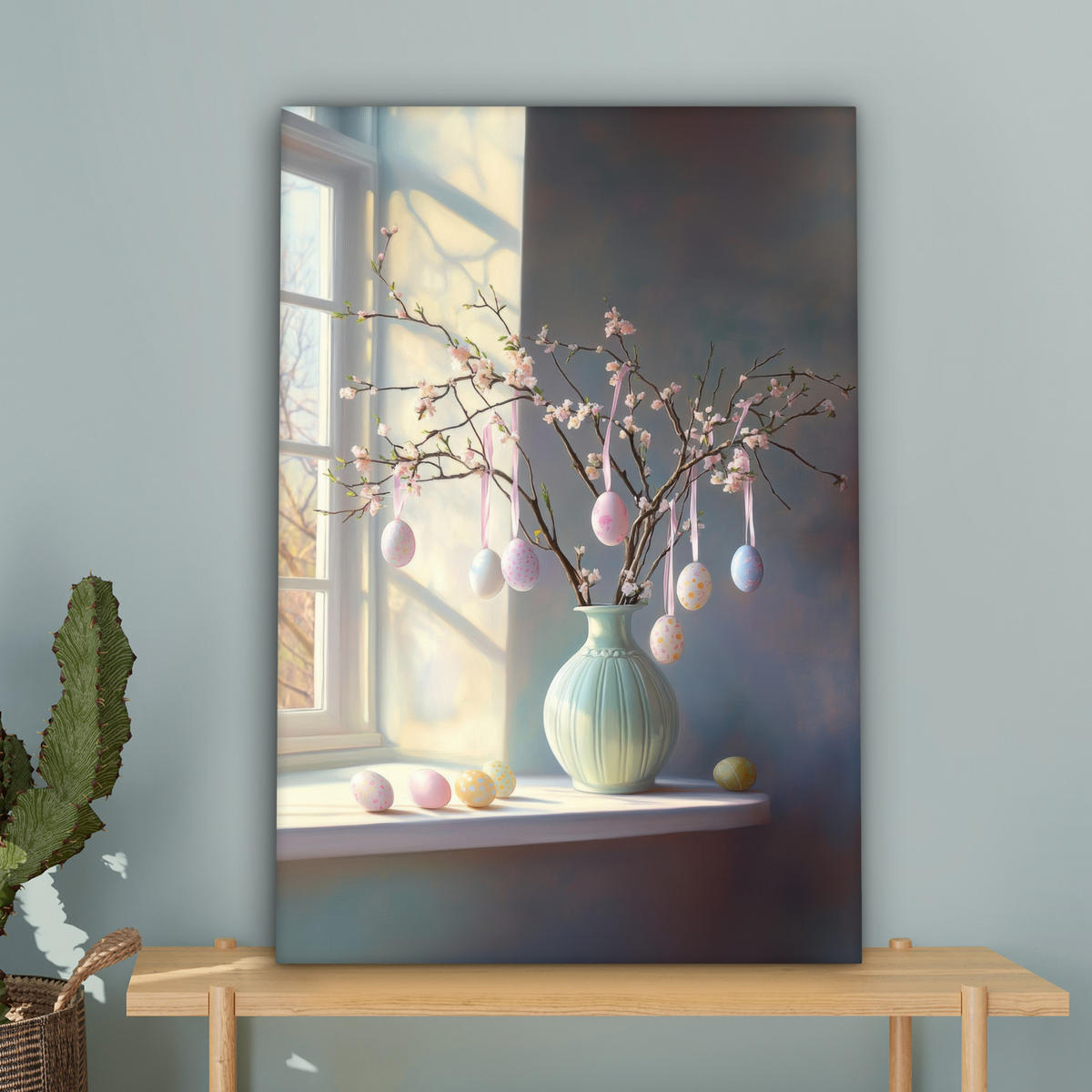 LEINWANDBILD Stillleben - Vase - Osterzweig Wanddeko Schlafzimmer 60x90 cm - Hellblau, Textil (60/90cm) - MuchoWow