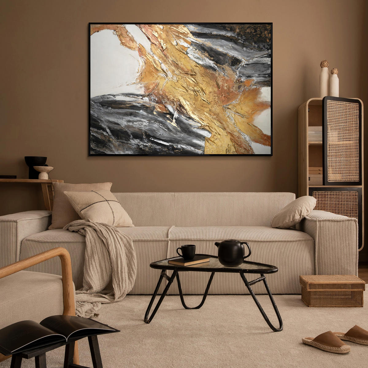 GEMÄLDE Goldene Symphonie II Schattenfugenrahmen Schwarz 180x120 cm - Schwarz, Holz (180/120cm) - YS-art gallery