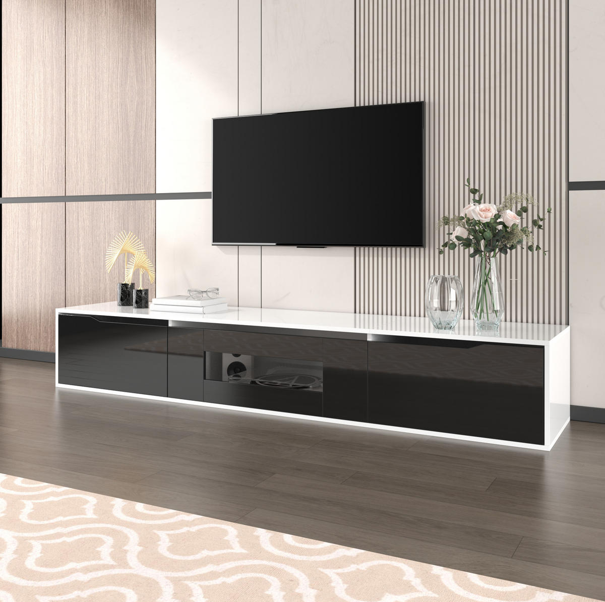TV-SCHRANK mit LED 180 x 35 x 30 cm Hochglanz Schwarz-Weiß - Weiß, Holzwerkstoff (35/30/180cm) - Beauniv