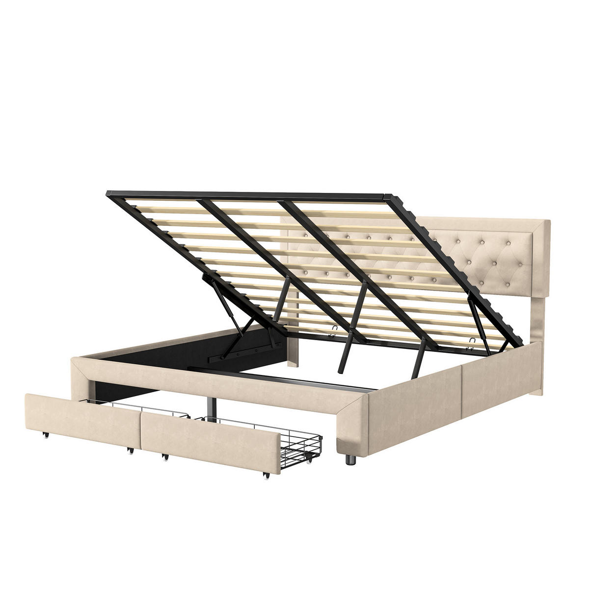 POLSTERBETT 180x200 cm mit 2 Fußschubladen, Hydraulischer Bettkasten, beiger Samtstoff - Beige, Holz (180/200cm) - BRILVERDE