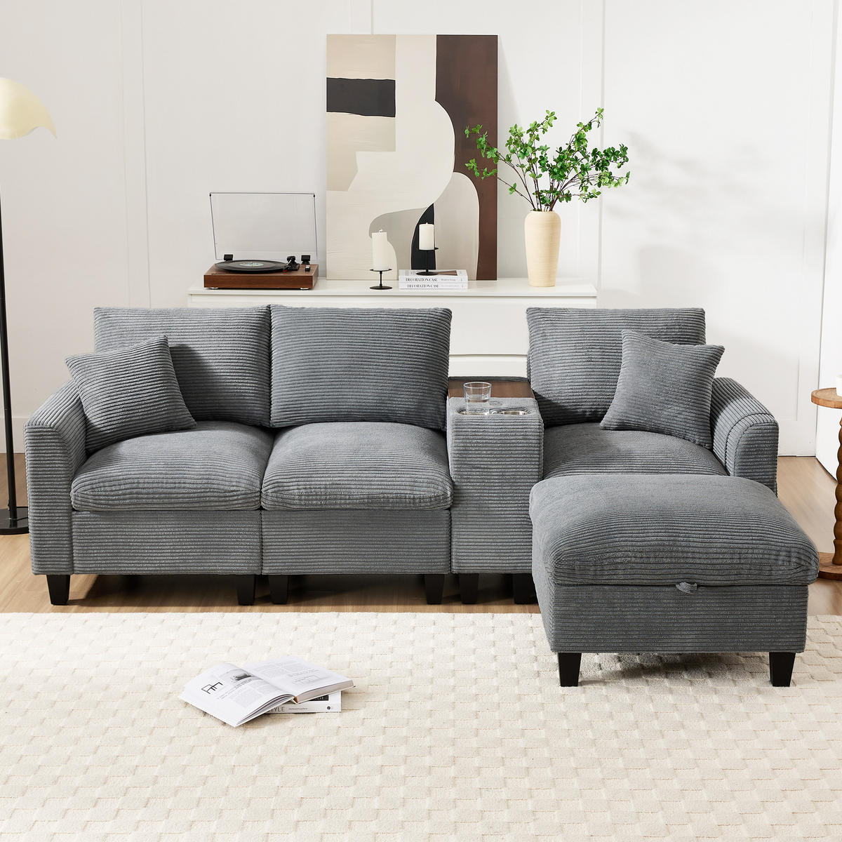 ECKSOFA L-Form 4-Sitzer mit USB-Anschlüssen & Armlehnen Aufbewahrungstaschen Cord Grau 229/149,5/83 cm - Grau, Textil (229/149.5cm) - OKWISH