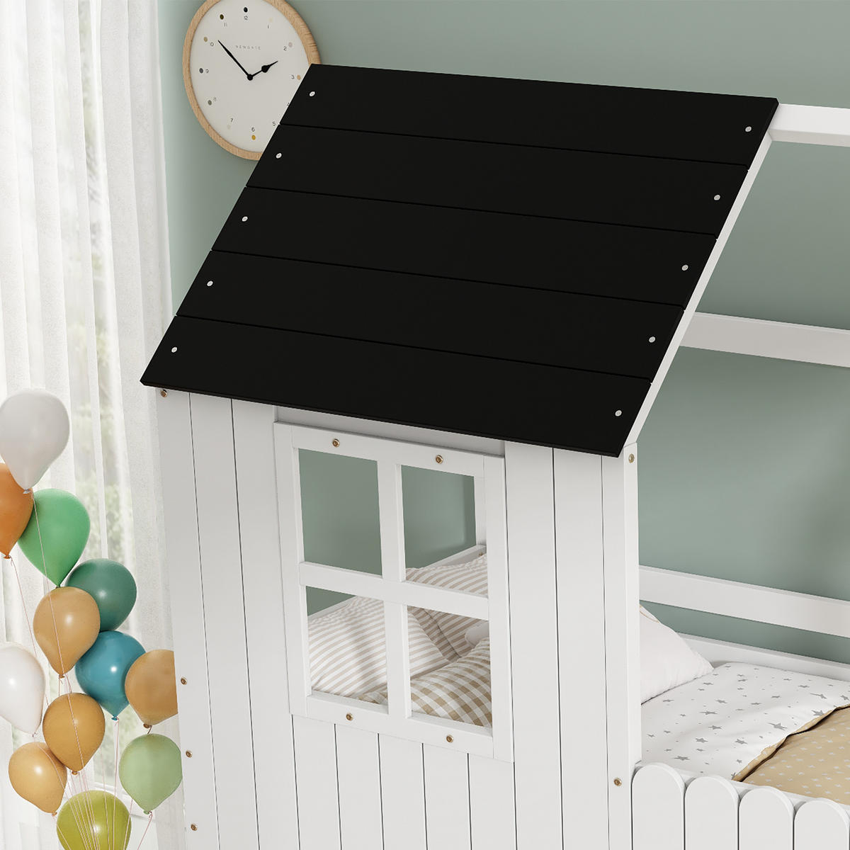 HOCHBETT Hausbett-Design 90x200 cm Holz Weiß/Schwarz - Weiß, Holz (90/200cm) - Meubliv
