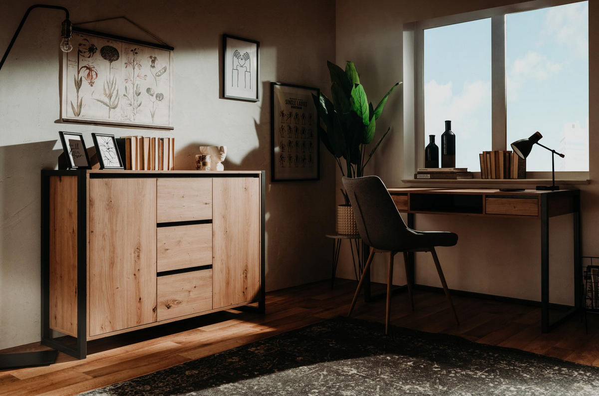 KOMMODE Eiche Artisan, grau 120 cm Industrial Design, Sideboard mit viel Stauraum - Anthrazit/Eiche Artisan, Holzwerkstoff (120/88/40cm) - Furn.Design