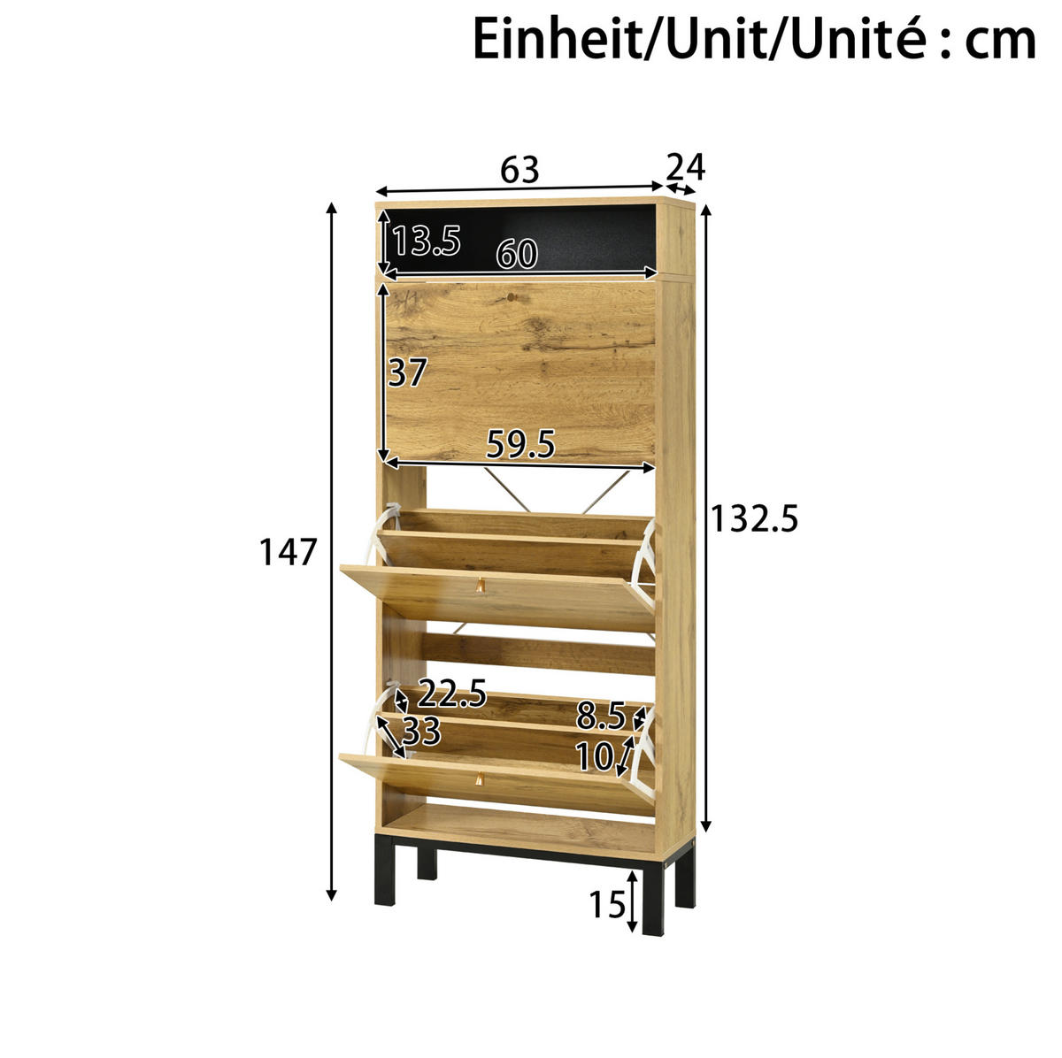 SCHUHSCHRANK aus MDF 63x24x147cm in Natur mit 3 Klappen - Naturfarben, Holzwerkstoff (63/147/24cm) - Modfu