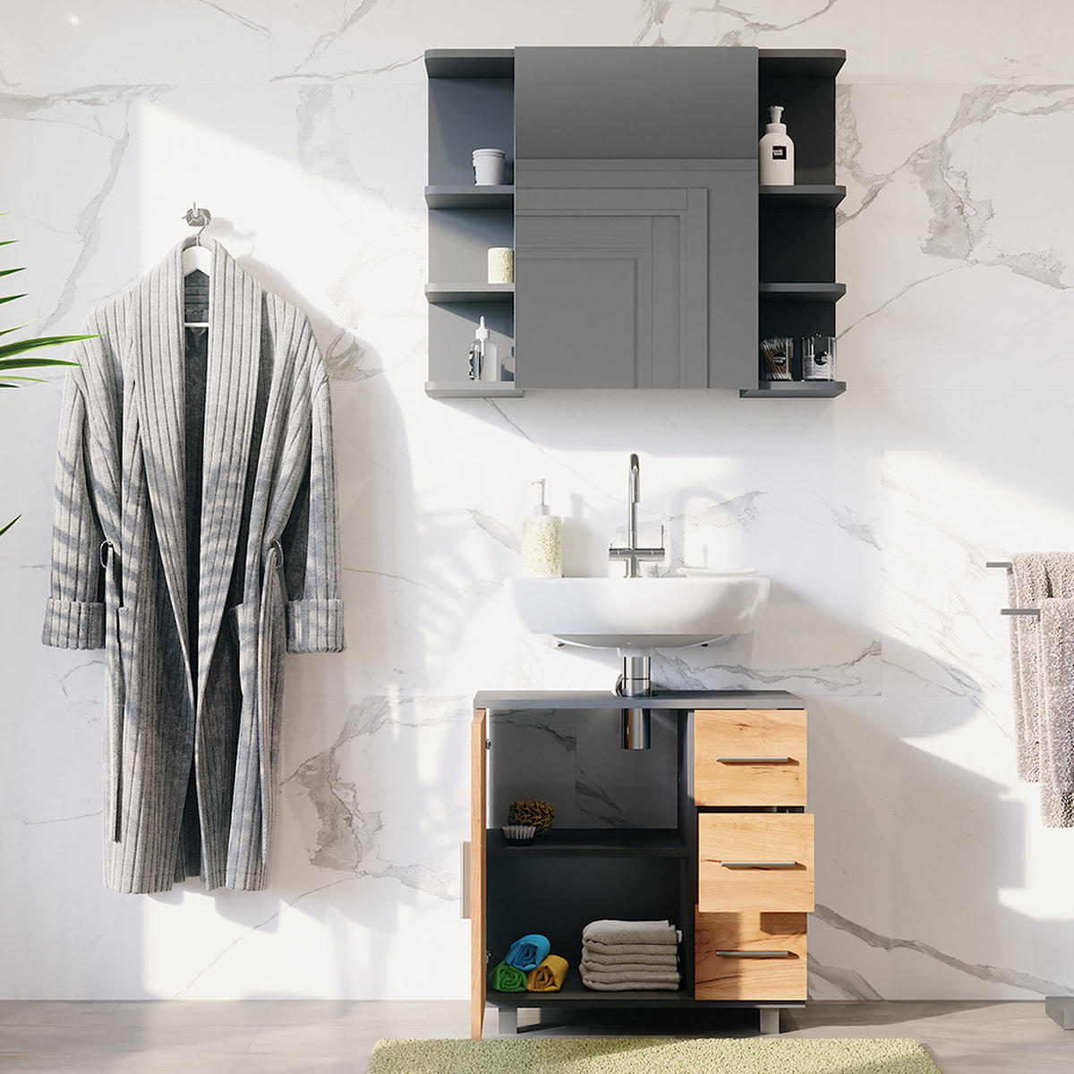 WASCHBECKENUNTERSCHRANK Ilias Anthrazit/Goldkraft Eiche 2 Teile - Honigeiche/Anthrazit, Holzwerkstoff (60.2/60.8/33cm) - Vicco
