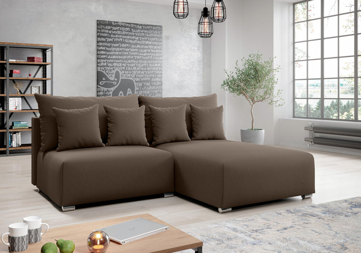 ECKSOFA L Form Ederra Braun 208/190/91 cm – großes Sofa mit Schlaffunktion R - Silberfarben/Braun, Textil/Metall (208/190cm) - AX Living