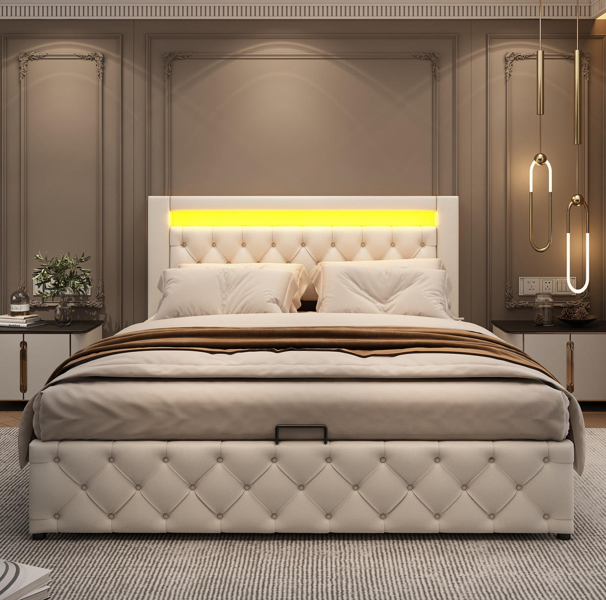 POLSTERBETT 140/200 cm Weiß mit Stauraum und LED-Beleuchtung - Weiß, Kunststoff (140/200cm) - OKWISH