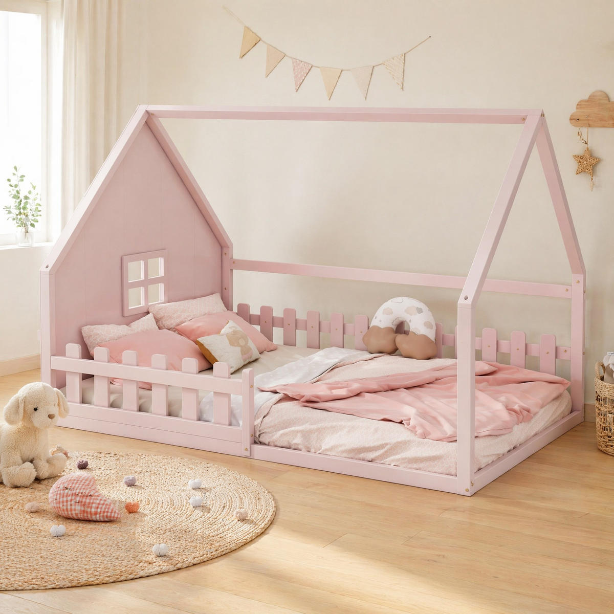 HAUSBETT 140/200 cm in Rosa aus Kiefernholz und MDF mit Hausrahmen - Rosa, Holz (140/200cm) - OKMYHOME