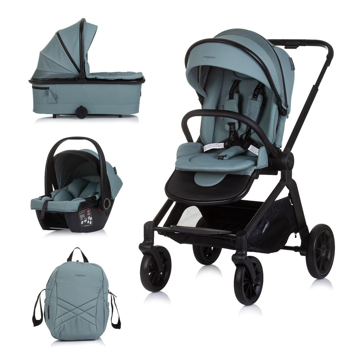KOMBIKINDERWAGEN Magnum 3 in 1 grün Babywanne Sportsitz i-Size Babyschale - Grün, Metall (96/59/104cm) - Chipolino