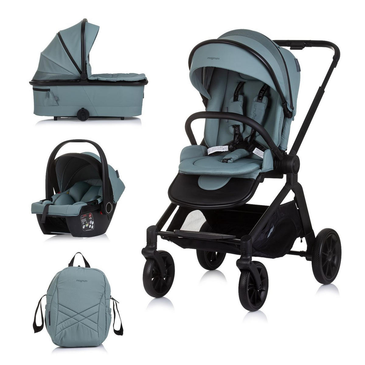 KOMBIKINDERWAGEN Magnum 3 in 1 grün Babywanne Sportsitz i-Size Babyschale - Grün, Metall (96/59/104cm) - Chipolino