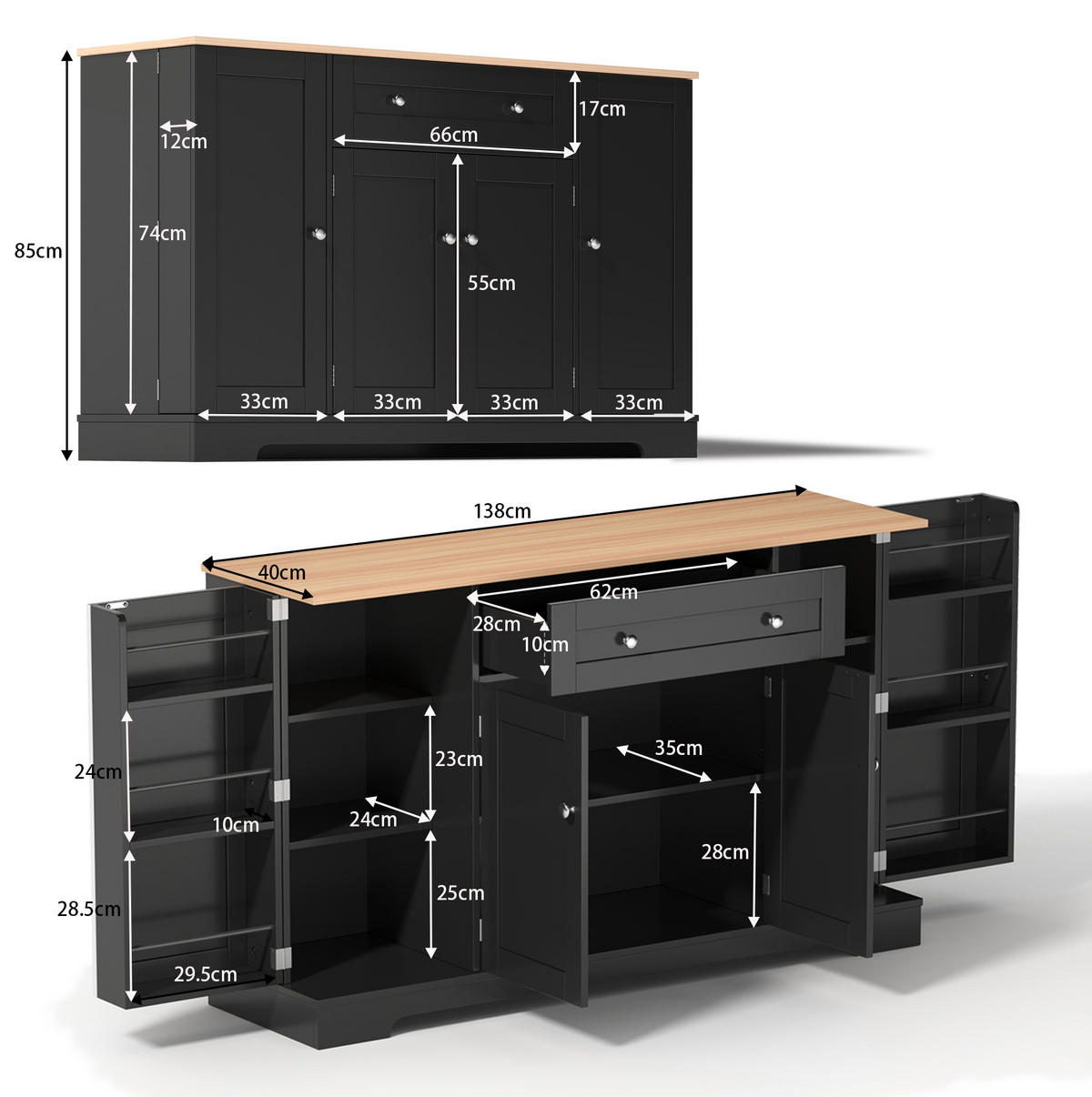 SIDEBOARD 138 cm aus MDF mit verstellbaren Einlegeböden Schwarz - Schwarz, Holzwerkstoff (138/85/40cm) - Modenvie