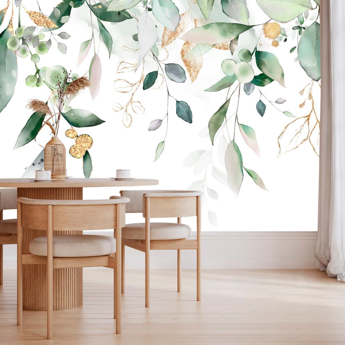 FOTOTAPETE für Schlafzimmer Aquarell Blätter Eukalyptus Weiß 150x105 - Gelb/Weiß, Papier (150/105cm) - Muralo