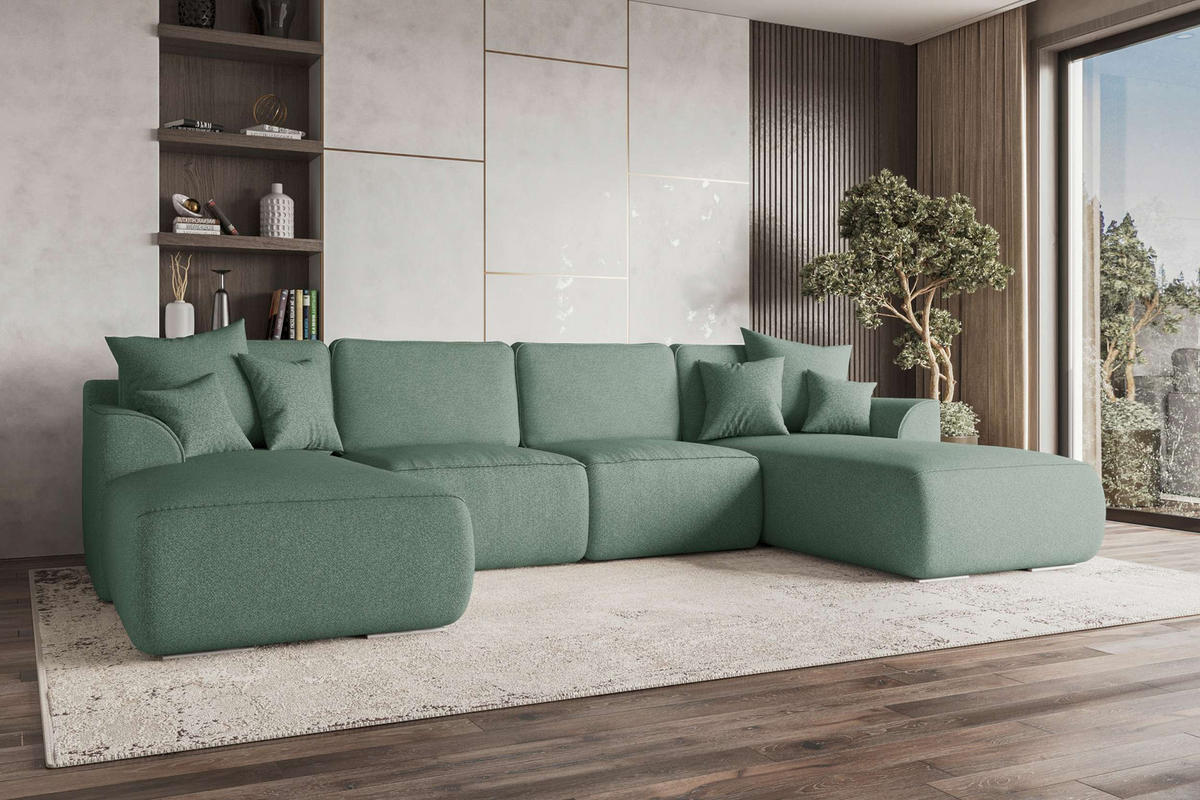 WOHNLANDSCHAFT GUSTO Strukturstoff Salbeigrün inkl. Schlaffunktion - Chromfarben/Salbeigrün, Kunststoff/Textil (306/96/194cm) - 99rooms