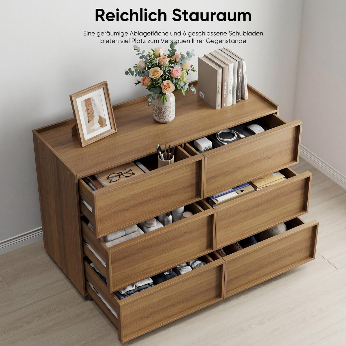 KOMMODE 115/78/48 cm Eiche aus MDF und Spanplatte mit 6 Schubladen - Nussbaumfarben, Holzwerkstoff (48/78/115cm) - OKMYHOME