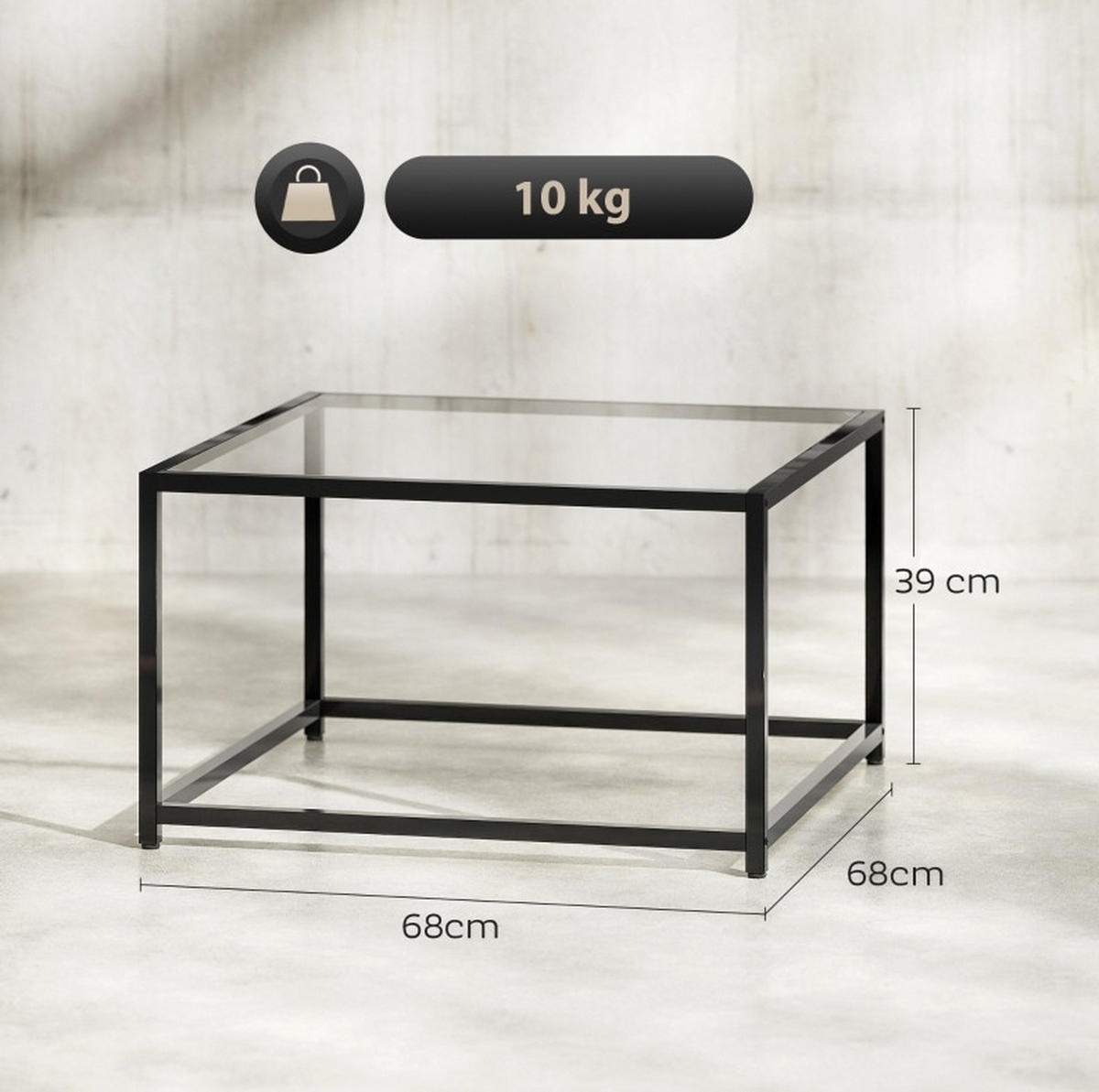 COUCHTISCH 68/68/39 cm aus Hartglas mit Stahlgestell in Schwarz - Schwarz, Glas (68/68/39cm) - Flora Grace