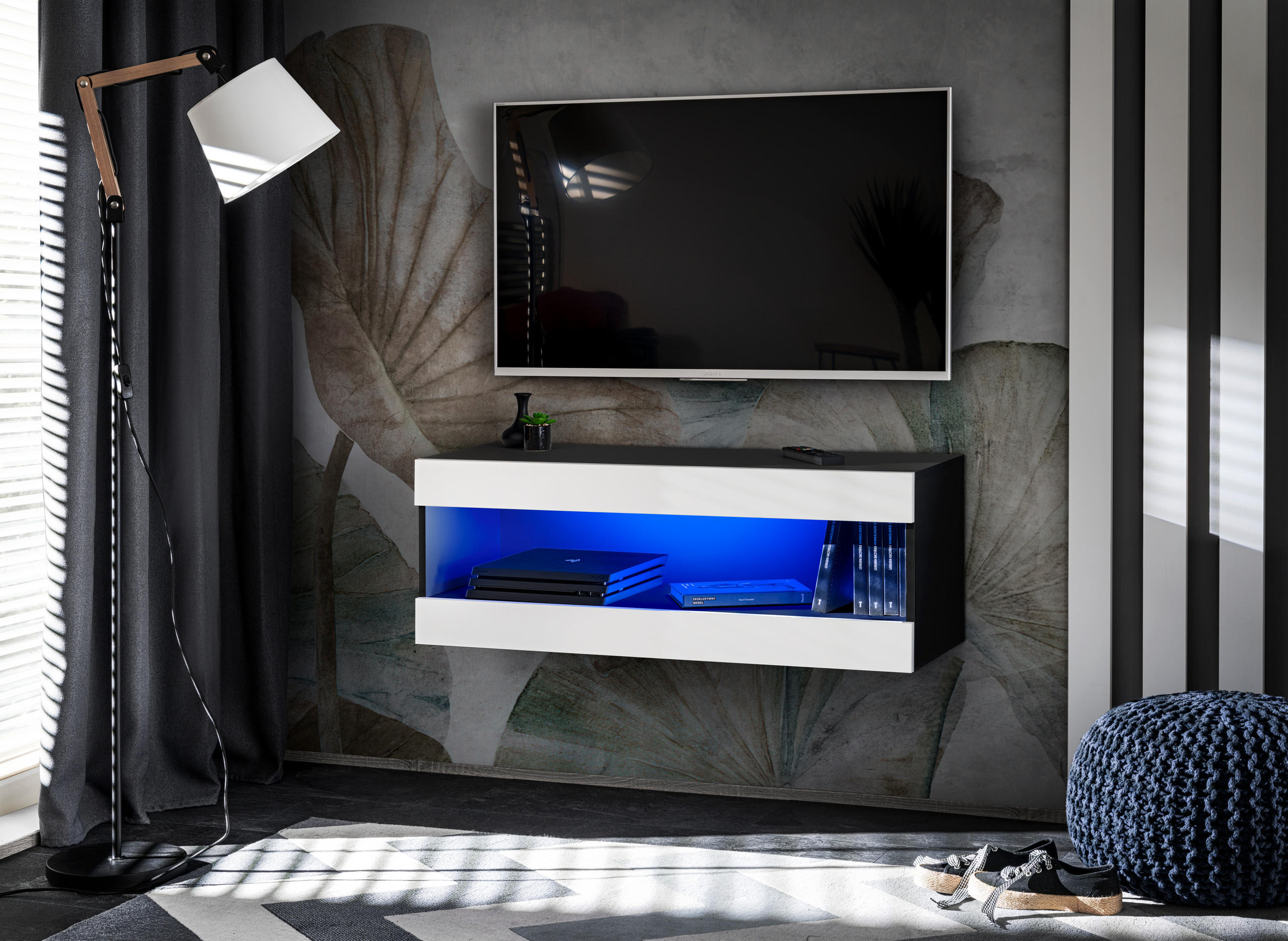 TV-ELEMENT TIVOLI RTV2-BLACK/WHITE+BLU Offener Raum Schwarz Weiß - Schwarz/Weiß, Holzwerkstoff/Kunststoff (100/36/35cm) - Komodee