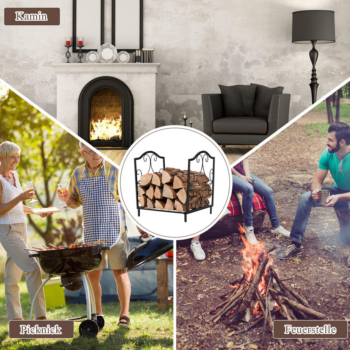 KAMINHOLZREGAL Schwarz - Schwarz, Metall (32/40/37cm) - COSTWAY