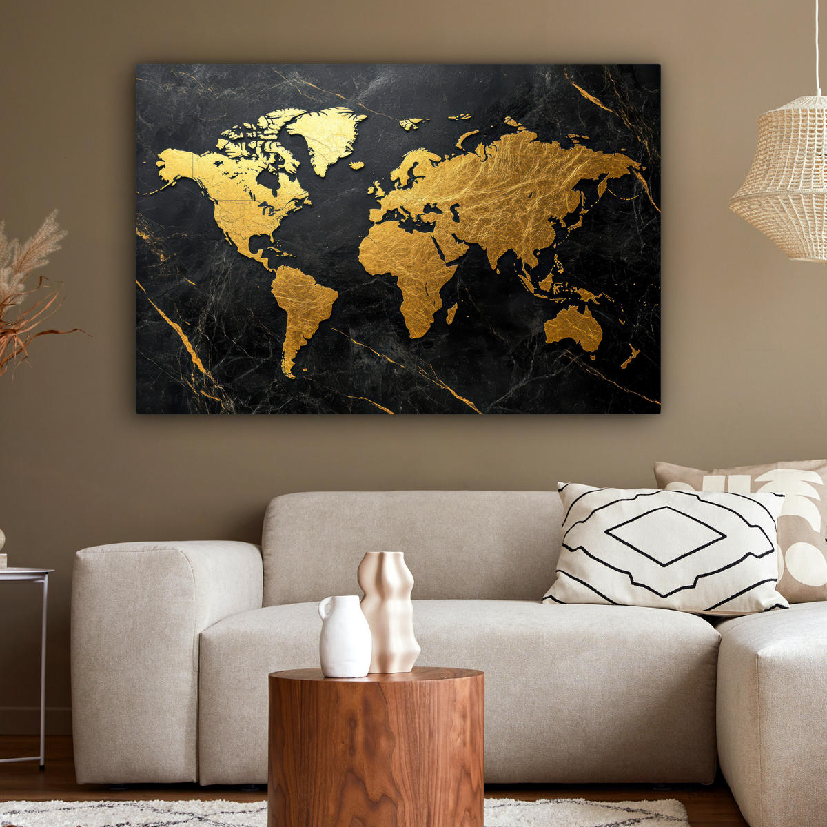 LEINWANDBILD Weltkarte - Gold - Marmor Wohnzimmer 120x80 cm - Goldfarben, Textil (120/80cm) - MuchoWow