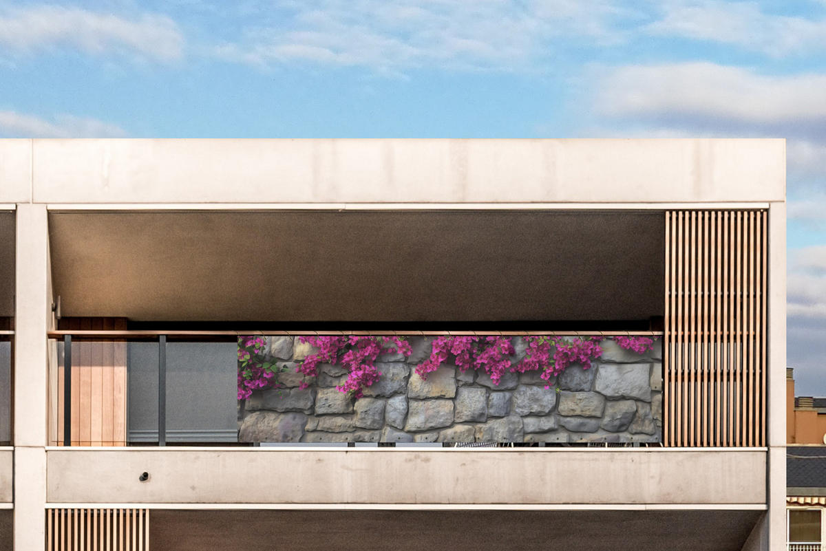BALKON-SICHTSCHUTZ Bougainvillea - Steinmauer - Rosa - Magenta, Kunststoff (500/130cm) - MuchoWow