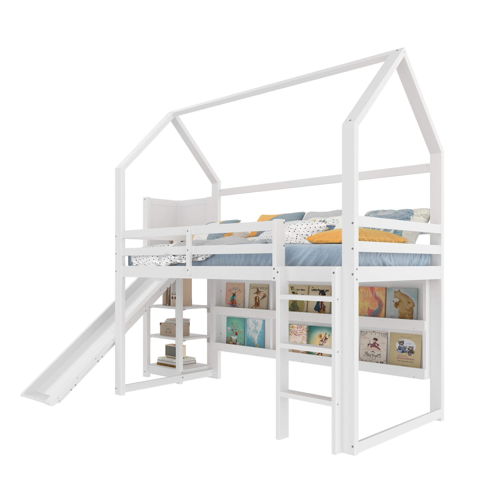 HOCHBETT aus Kiefer 90x200 cm Weiß mit LED-Leiste, Rutsche, Regalen und Hausform - Weiß, Holz (90/200cm) - Modfu