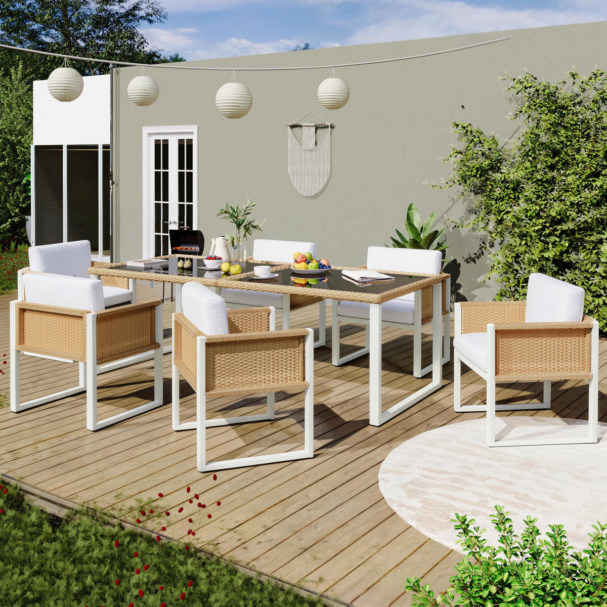 GARTEN-ESSGRUPPE 170/80/75 cm braun/weiß aus PE-Rattan mit 6 Stühlen - Braun, Naturmaterialien - OKWISH