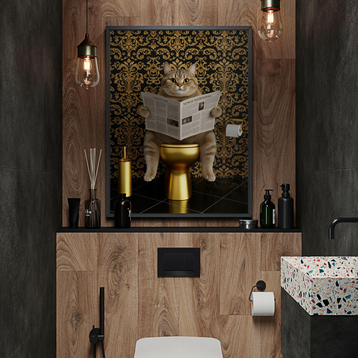 POSTER für Badezimmer WC KATZE auf Toilette mit Zeitung Glamour Abstraktion 20x30cm - Gelb/Beige, Papier (20/30/30cm) - Muralo