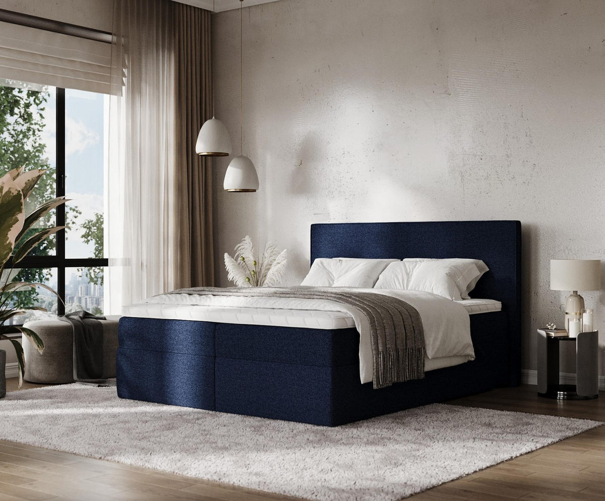 BOXBETT Nuvia 140/200 cm Marineblau im Riva Stoff - Schwarz/Dunkelblau, Holz/Holzwerkstoff (140/200cm) - AltaBeds