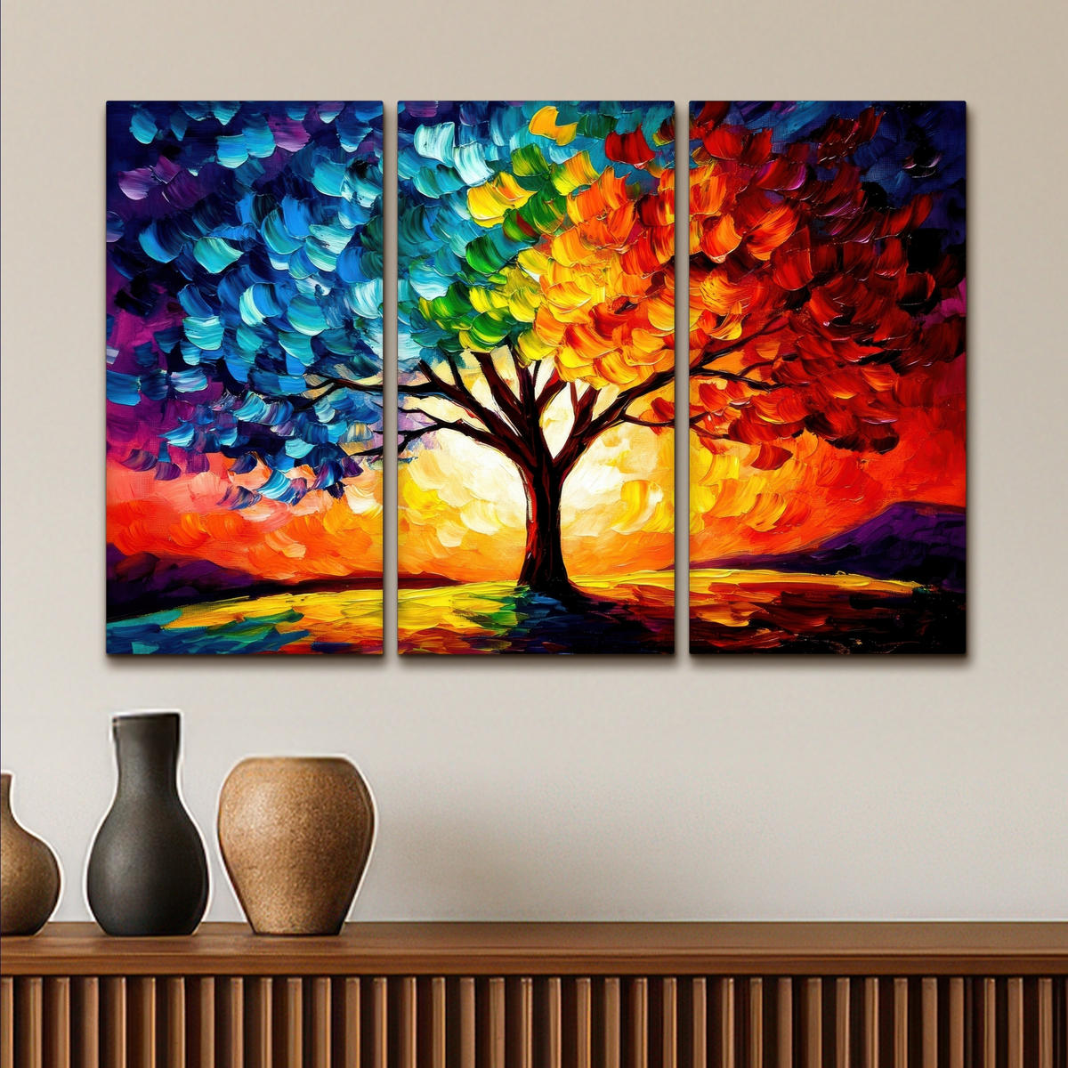 LEINWANDBILD 3er Set Baum - Farbenfroh - Malerei-Look - Abstrakt 90x60 cm - Multicolor, Textil (90/60cm) - MuchoWow