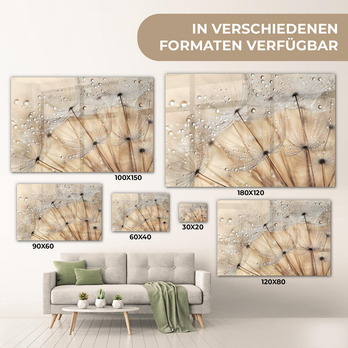 ACRYLGLASBILD Löwenzahn - Abstrakt - Natur - Beige 90x60 cm - Braun, Glas (90/60cm) - MuchoWow