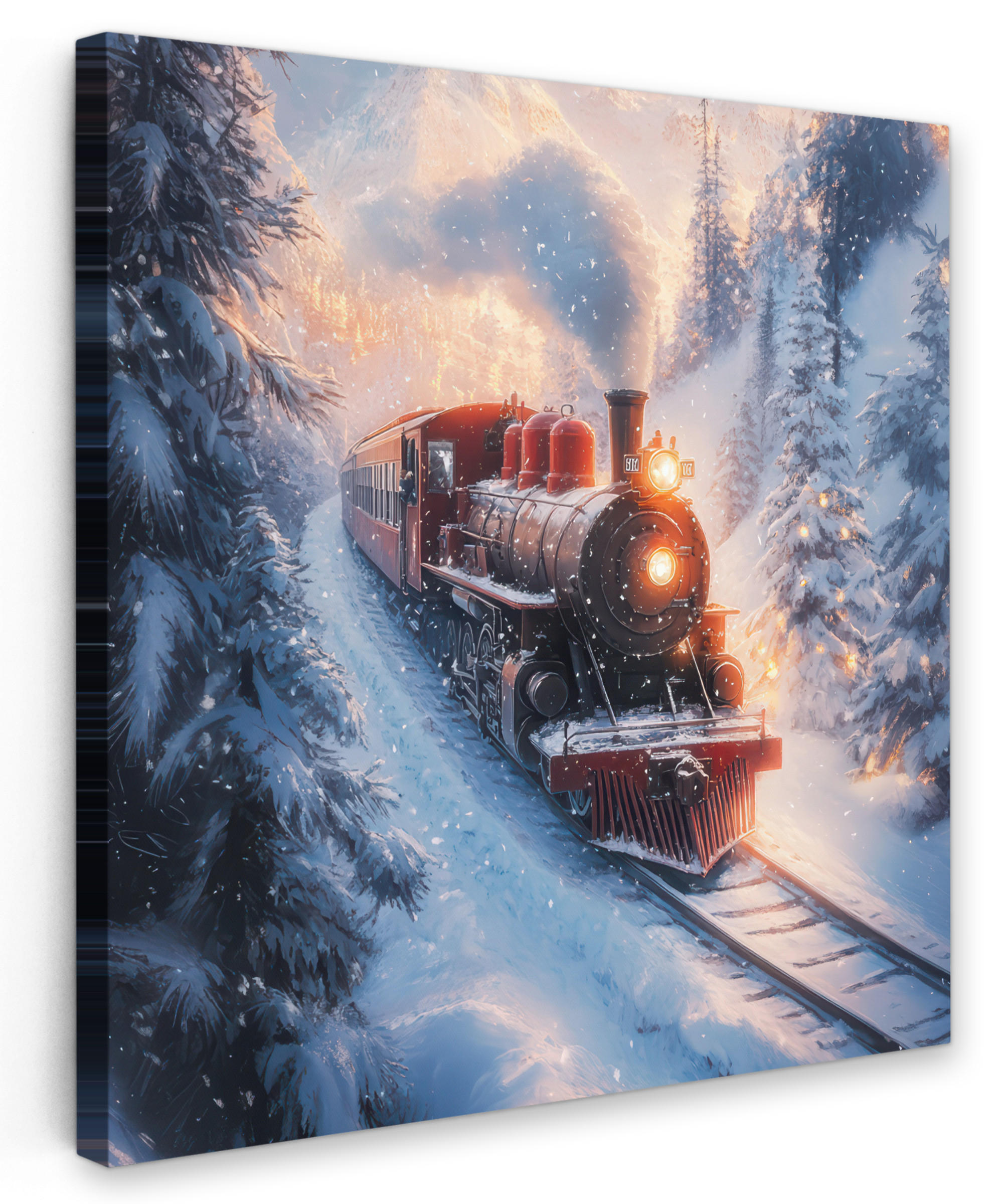 LEINWANDBILD Weihnachtszug - Schnee - Winter - Weihnachten 50x50 cm - Dunkelrot, Textil (50/50cm) - MuchoWow