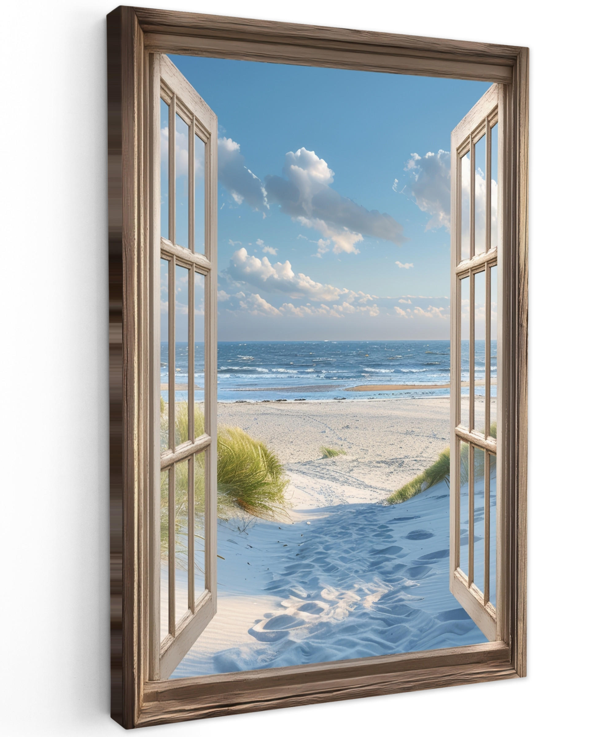 LEINWANDBILD Aussicht - Strand - Fenster - Dünen - Meer 60x90 cm - Hellblau, Textil (60/90cm) - MuchoWow