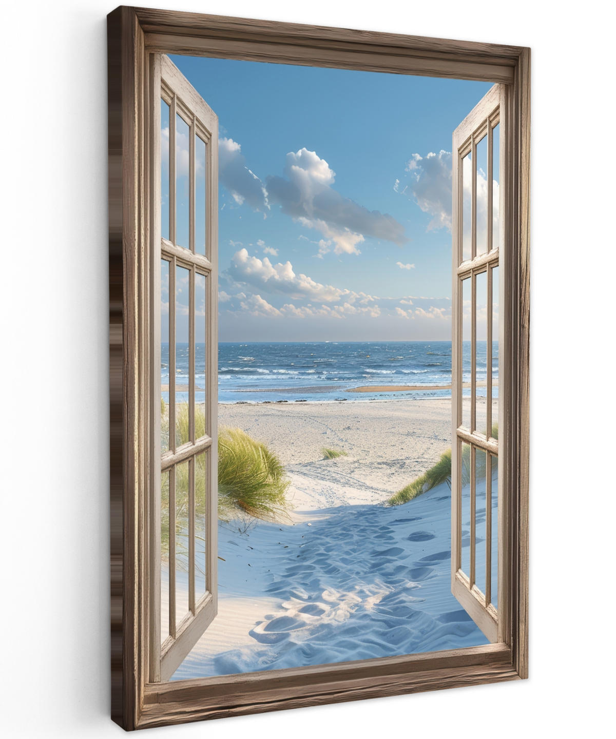 LEINWANDBILD Aussicht - Strand - Fenster - Dünen - Meer 60x90 cm - Hellblau, Textil (60/90cm) - MuchoWow