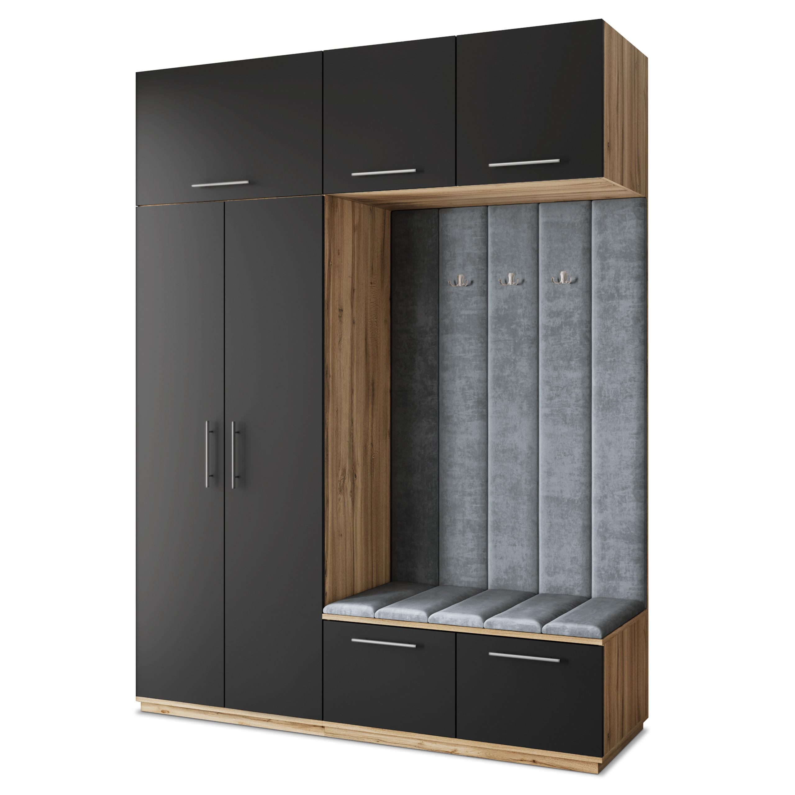 Masseno Garderobenschrank Eiche Wotan, Schwarz, Grau 180x240x60 cm