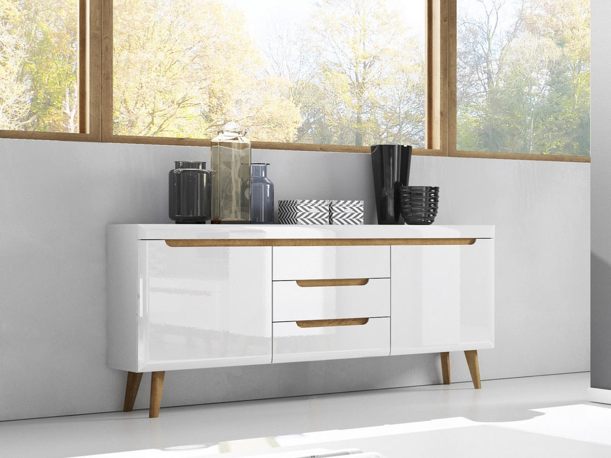 KOMMODE Nodis Weißer Glanz, Eiche Beine, Schubladenkommode - Braun/Weiß, Holzwerkstoff (160/83/40cm) - Bettso