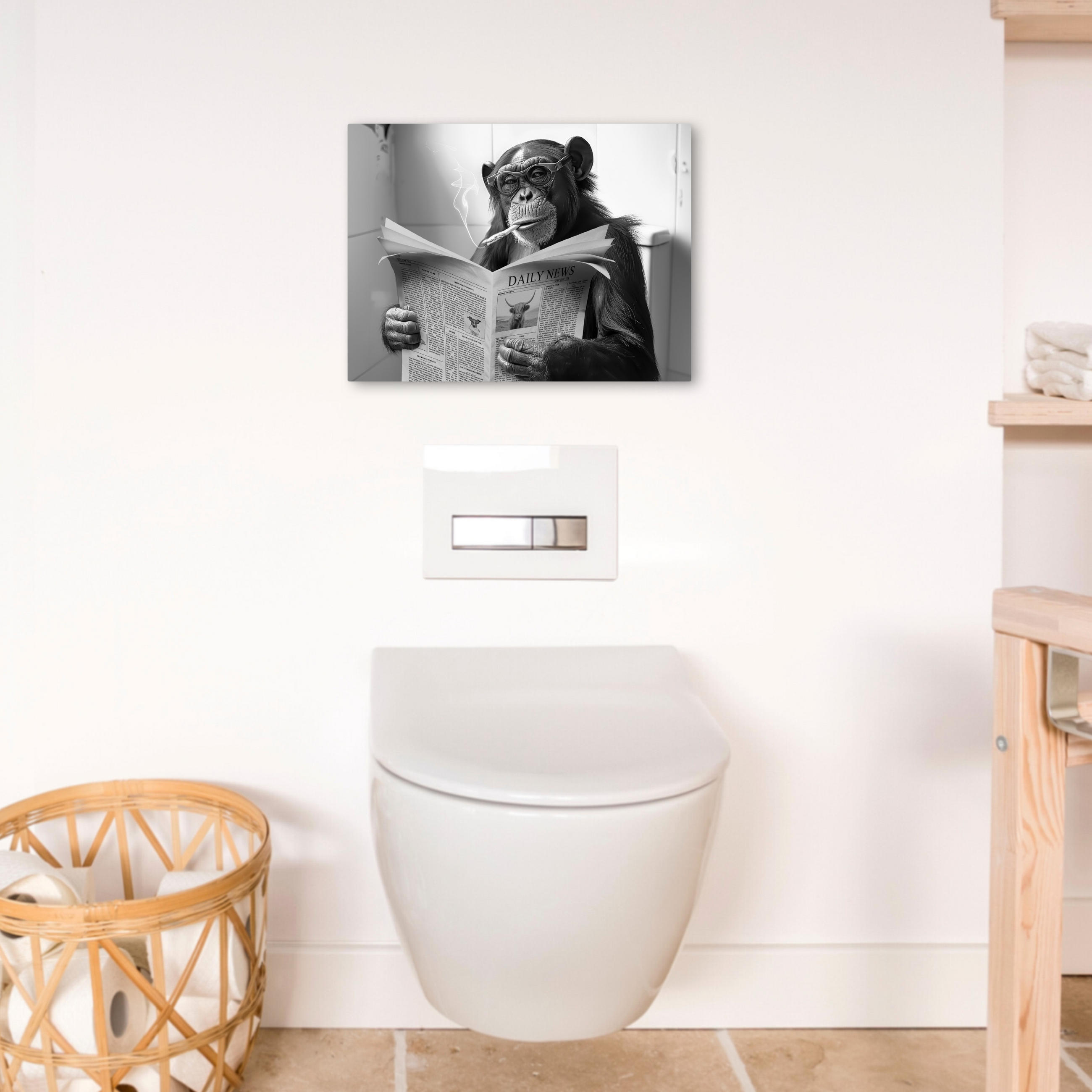 LEINWANDBILD Affe - WC - Zeitung - Schwarz-Weiß - Humor 40x30 cm - Hellgrau, Textil (40/30cm) - MuchoWow