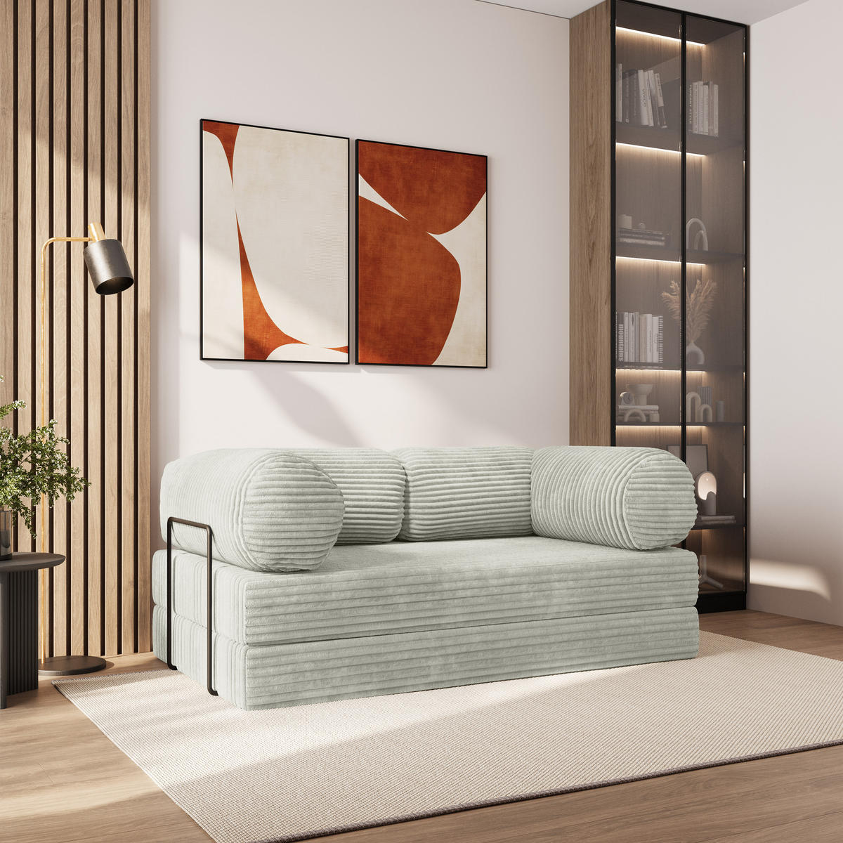 BETTSOFA ALVIO aus Schaumstoff Cordstoff Hellgrau Schlaffunktion - Hellgrau, Textil (170/68/80cm) - MASSENO