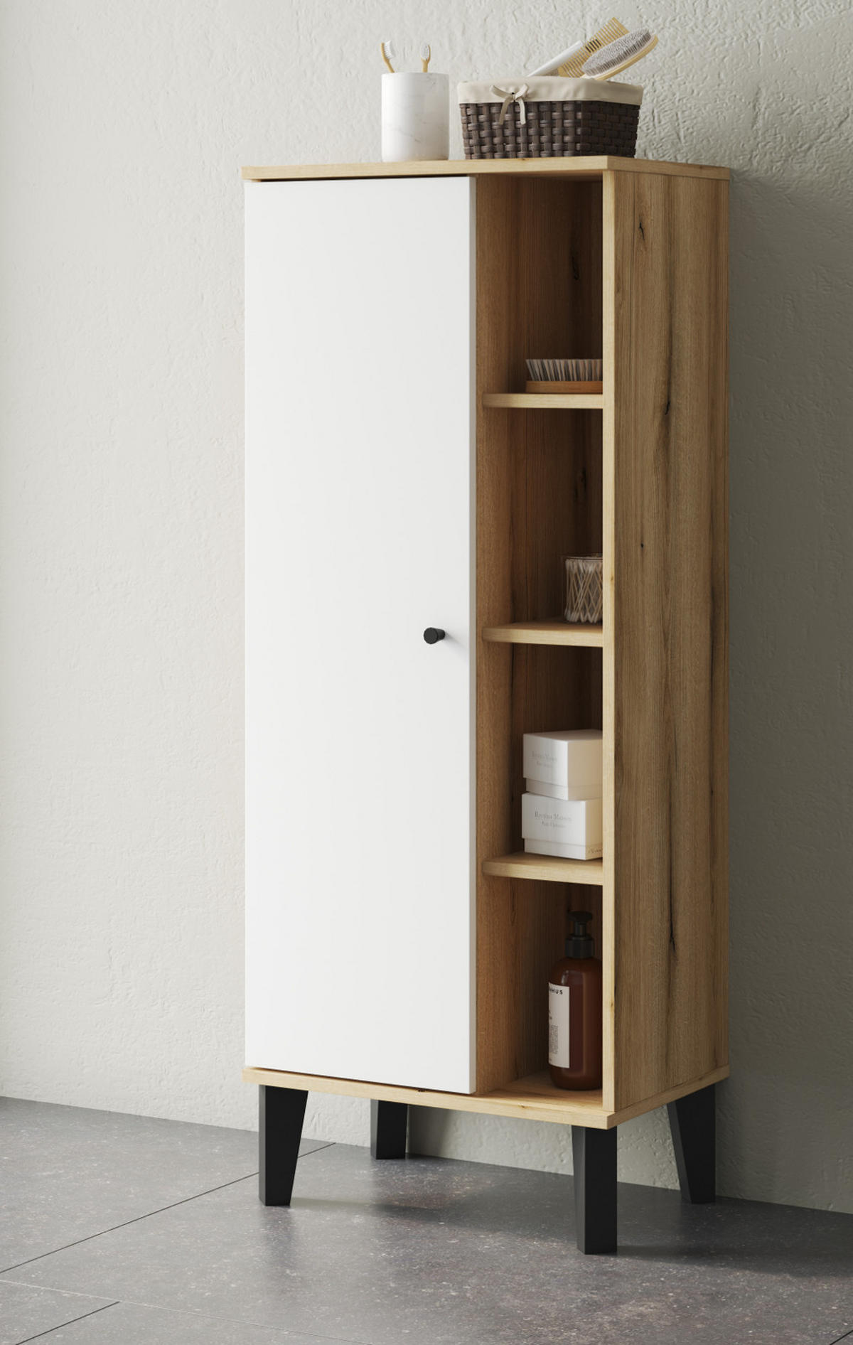 BAD-MIDISCHRANK weiß, Evoke Eiche, Badmöbel Kommode, 51 x 128 cm - Eichefarben/Schwarz, Holzwerkstoff/Kunststoff (51/128/33cm) - Furn.Design