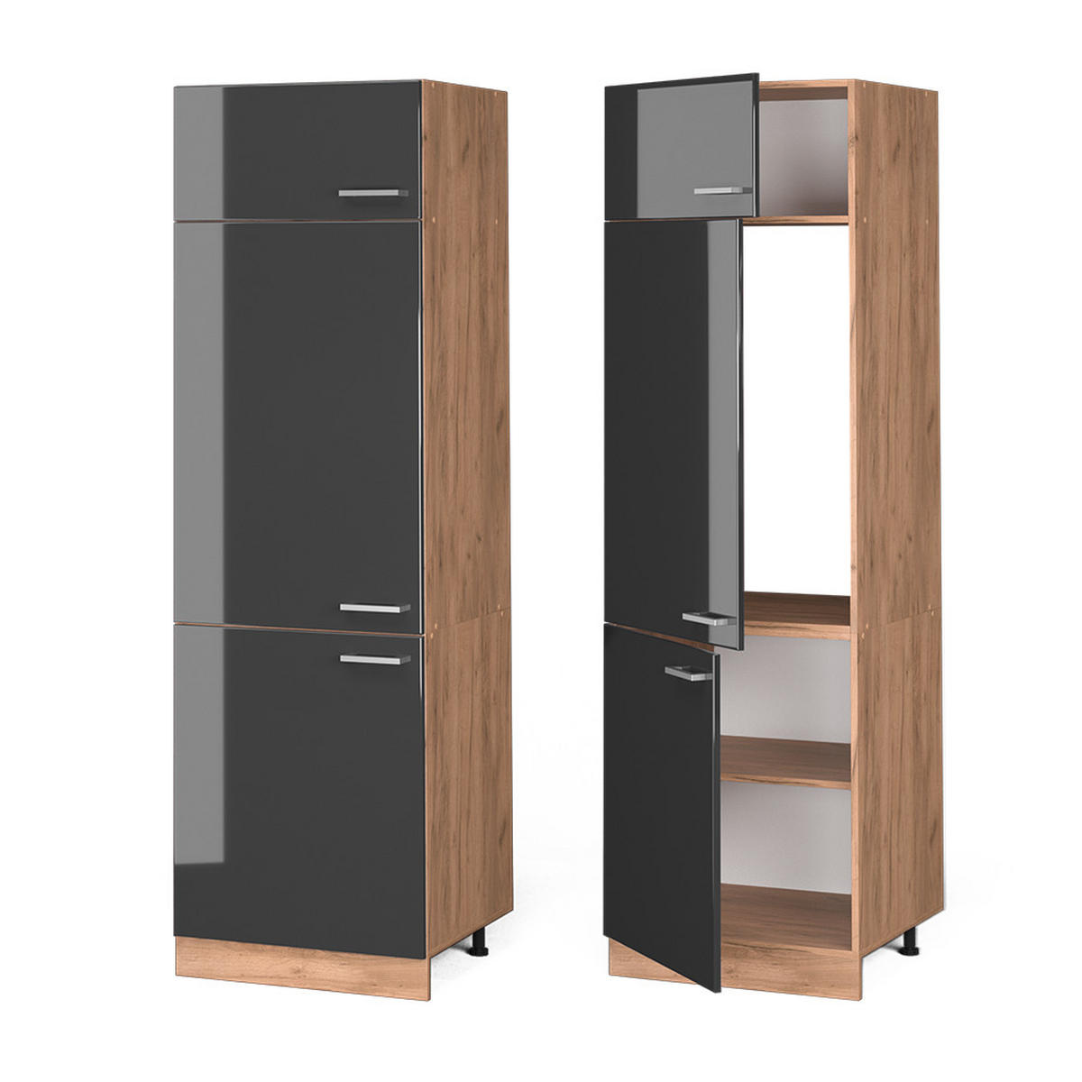 KÜHLUMBAUSCHRANK R-Line Anthrazit Hochglanz 60 cm - Honigeiche/Schwarz Hochglanz, Holzwerkstoff (60/206.8/57.2cm) - Vicco