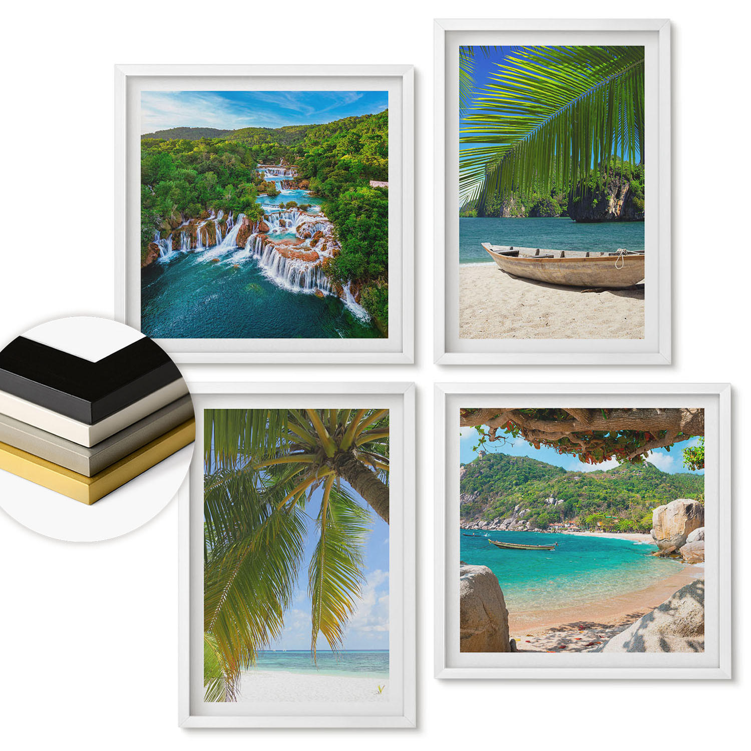 WANDBILDER 4er-Set - 50x50 cm & 40x60 cm Weißer Rahmen - Strand, Boot, Wasserfälle, Palmen - Weiß, Kunststoff (50/50cm) - ArtPrintCave