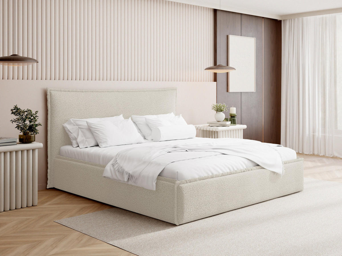 POLSTERBETT Pillow mit Bettkasten, Lattenrost & hohem Kopfteil in Creme Bouclé 120x200 cm - Birkefarben/Creme, Holz/Kunststoff (120/200cm) - WFL GROUP