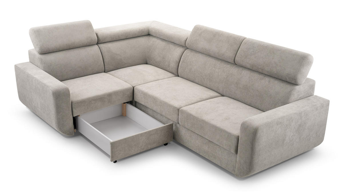 ECKSOFA RENO Grau Plüsch-Stoff mit Schlaffunktion - Grau, Holz (263/184cm) - MASSENO