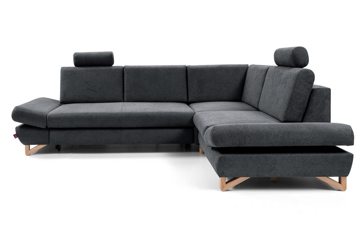 ECKSOFA CASA II R-S Anthrazit Plüsch-Stoff mit Schlaffunktion - Anthrazit, Holz (272/199cm) - MASSENO