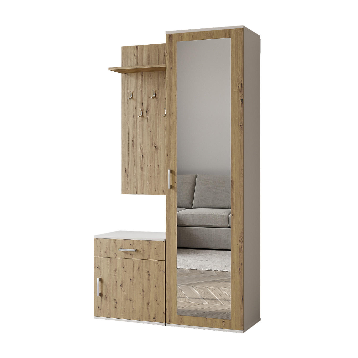 GARDEROBE Patricia 100 cm mit Spiegel, mit Schuhschrank und Schublade, weiß, artisan - Weiß/Eiche Artisan, Kunststoff (100/181/35cm) - Margaret Hadas24