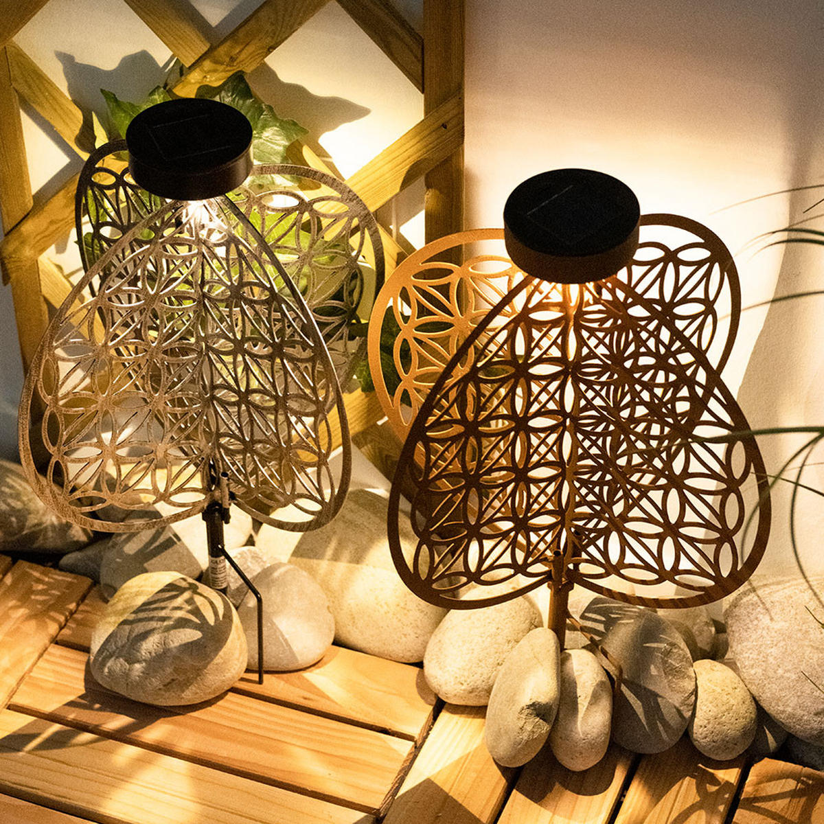 LED AUSSENLEUCHTE Lebensblume Braun Rostoptik 2er Set - Braun, Metall (20/20/31cm)