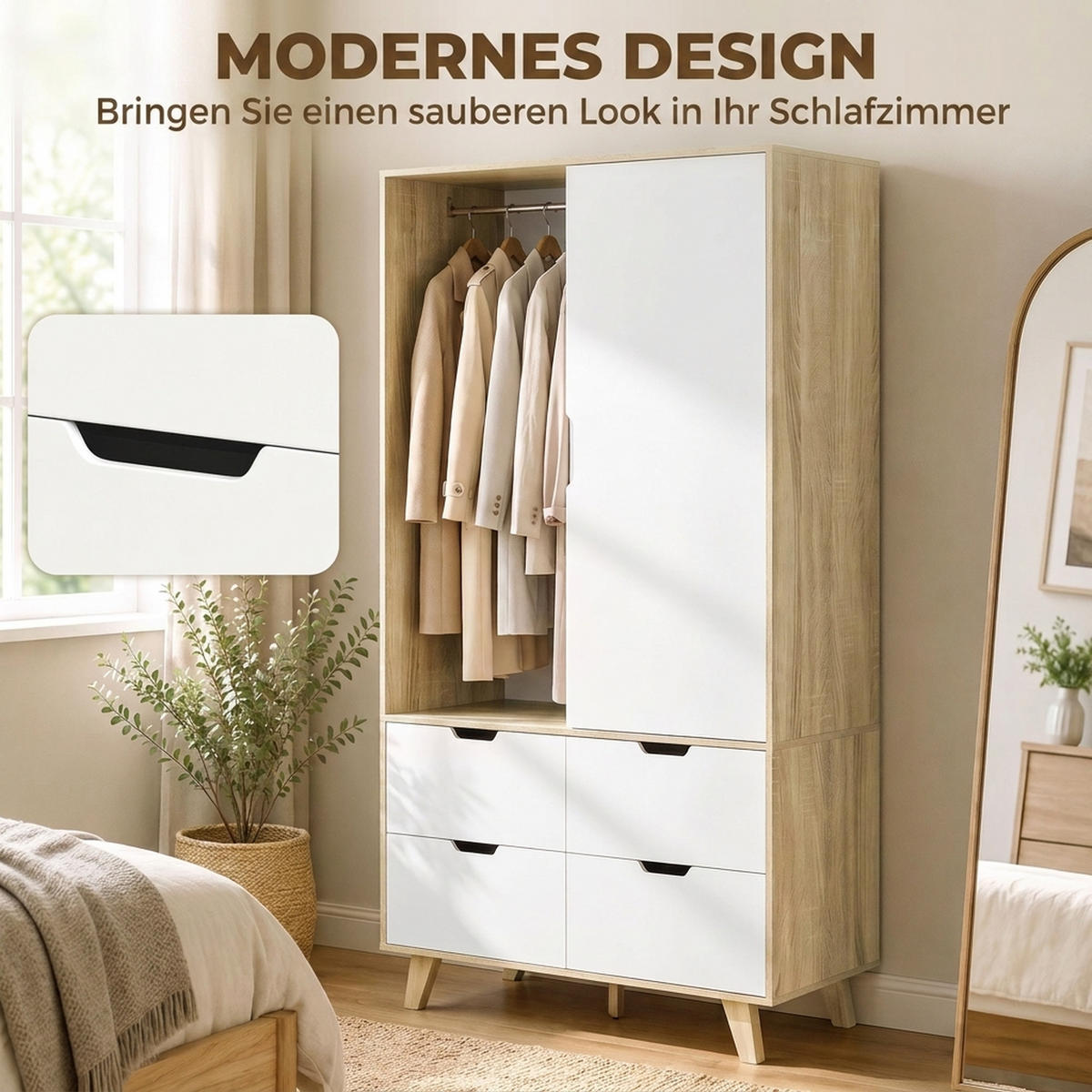 KLEIDERSCHRANK MDF Kiefernholz Eiche Weiss - Weiß, Holz/Holzwerkstoff (50/187.5/120cm) - HOMCOM