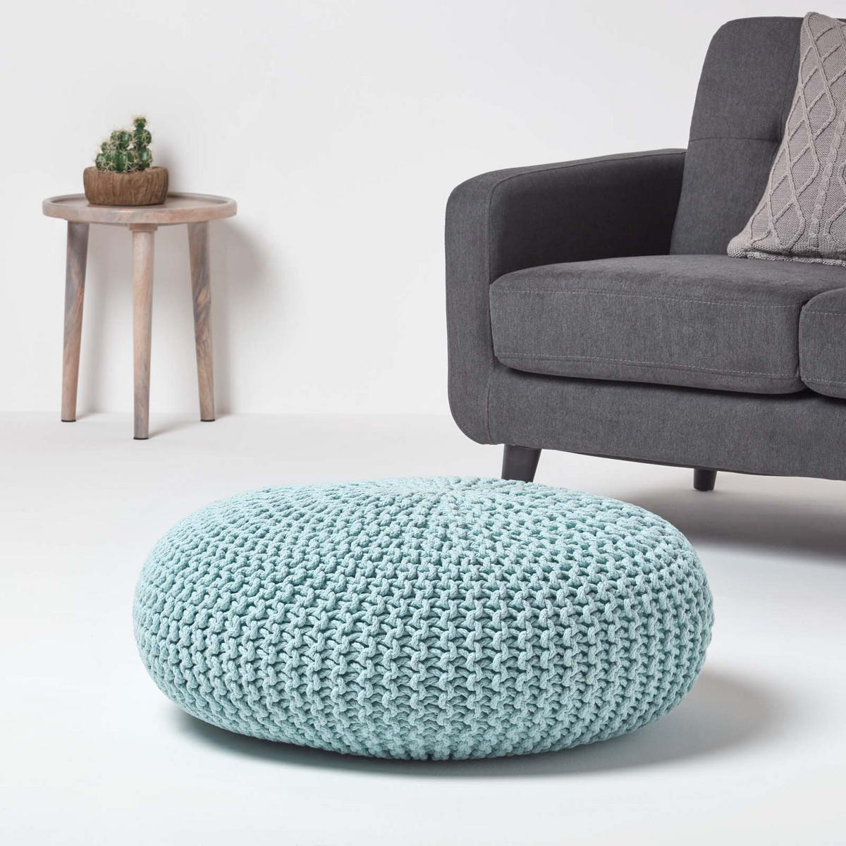 STRICK-POUF pastellblau, Bodenkissen rund 70/70/23 cm - Hellblau, Textil (70/23/70cm) - Homescapes