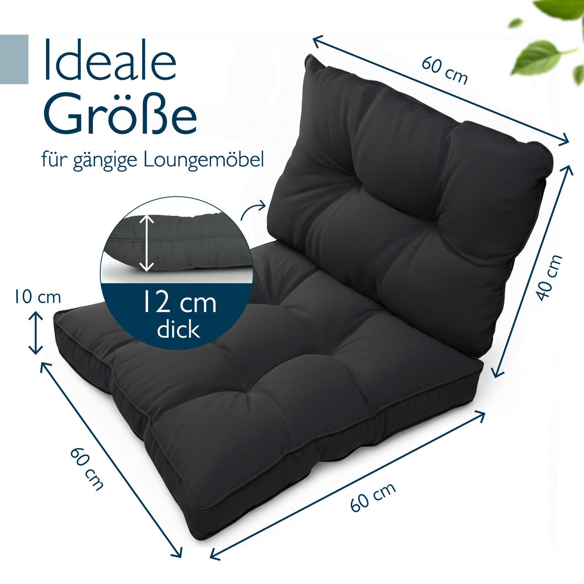 LOUNGEKISSEN Flair Outdoor Sitz 60x60x10cm mit Rücken 60x40x12cm Graphitgrau (2tlg) - Graphitfarben, Textil (60/60cm) - Beautissu 